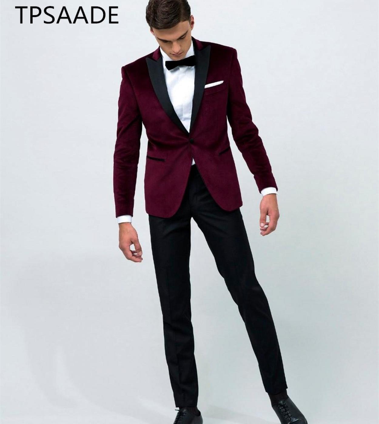 77 42 US Moda Vintage Terciopelo Vino Rojo Pico Solapa Esmoquin Traje de boda para hombres Traje de novio Traje Homme Slim Fit chaqueta Description
