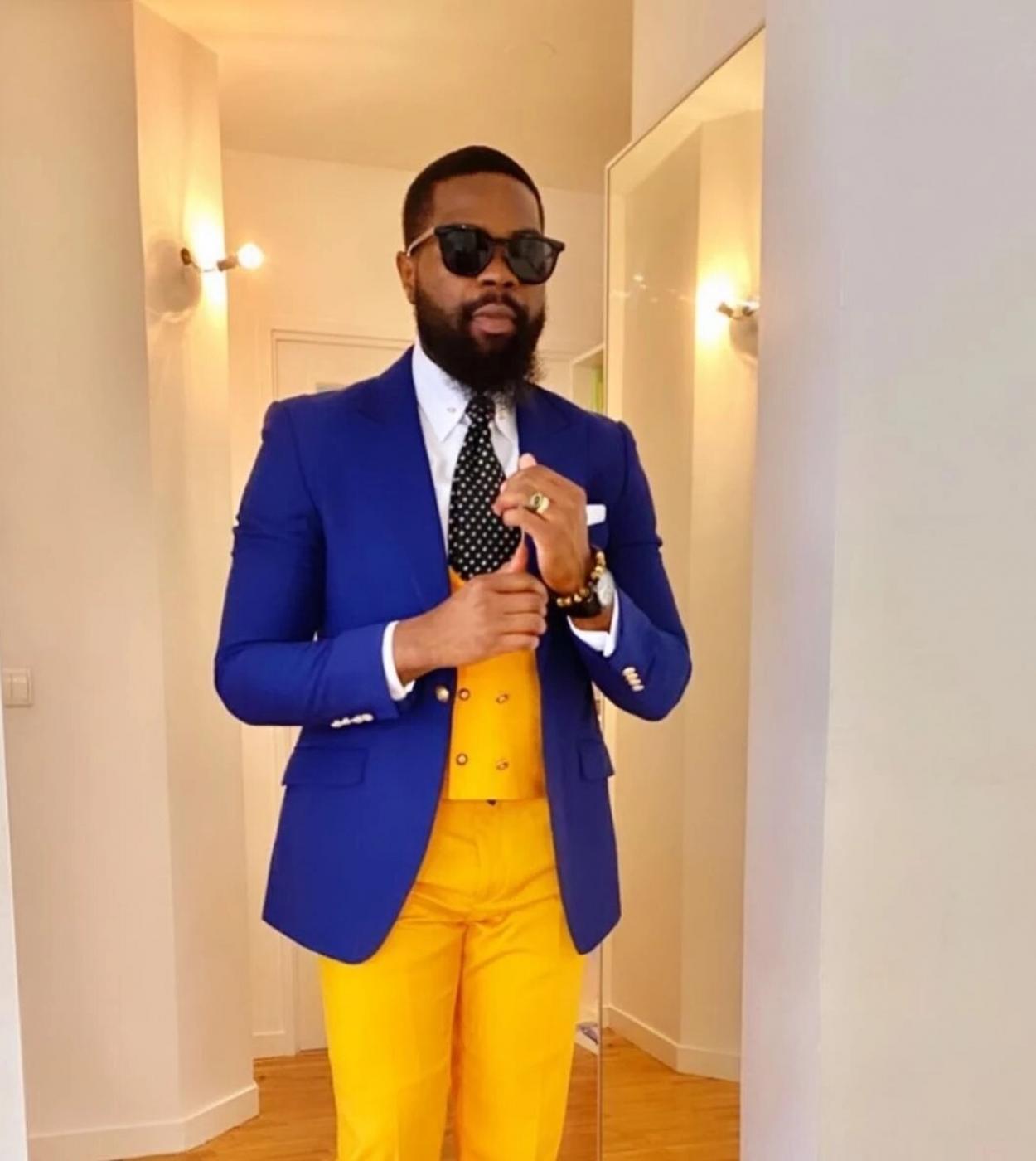 89 32 Decontracte bleu Royal veste jaune gilet pantalon Costume Homme Tuxedos marie bal Terno Masculino Blazer 3 pieces Slim Fit homme Description