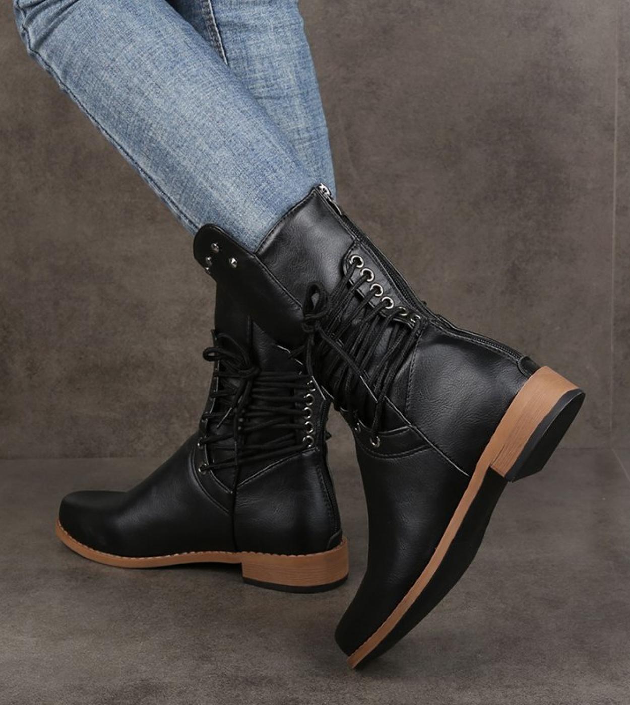 47 39 Femme mi mollet bottes femmes lacets Rivet talons bas
