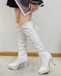 New Women Over The Knee High Boots White Black Heels Winter Shoes Genuine Leather  Elastic Fabric Women Boots Large Size