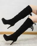New Women Over The Knee High Boots White Black Heels Winter Shoes Genuine Leather  Elastic Fabric Women Boots Large Size