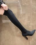 Women Sock Boots Over The Knee Pointed Toe Elastic Fabric Boots Woman Slip On Thick High Heels Stretch Boots Woman Black