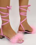 Sqaure Toe Cross Lace Up Fur Mule Heels Shoe Black Pu High Heel Shoes Women Sandals Woman Shoes Zapatos Mujer White Khak