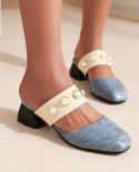 Ladies Elegant Sandals 2022 Spring New  And Women Color Matching Pearl Round Toe Back Empty Horseshoe Heel Mid Heel Shoe