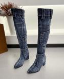 2022  Jean Boots Womens Knee High Boot Zipper 6cm High Heel Woman Stylish Jeans Boots Ladies Denim Boot Female Shoes Co