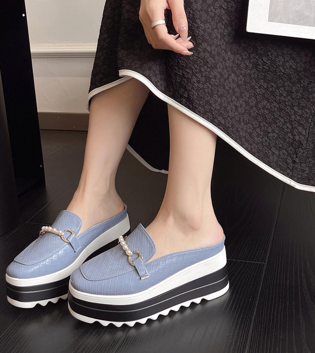 2022 New Arrival Brand Design Lizard Croc Metallic Chain Mule Sandals Women Wedge Platform Loafer Shoes  Zapatos Para Mu
