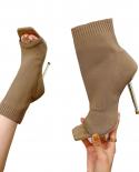 2022 Spring Square Peep Toe Stretch Fabric Knitting Ankle Sock Boots Women Fashion Thin High Heels Dance Shoes Botas Bei