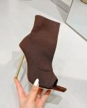 2022 Spring Square Peep Toe Stretch Fabric Knitting Ankle Sock Boots Women Fashion Thin High Heels Dance Shoes Botas Bei