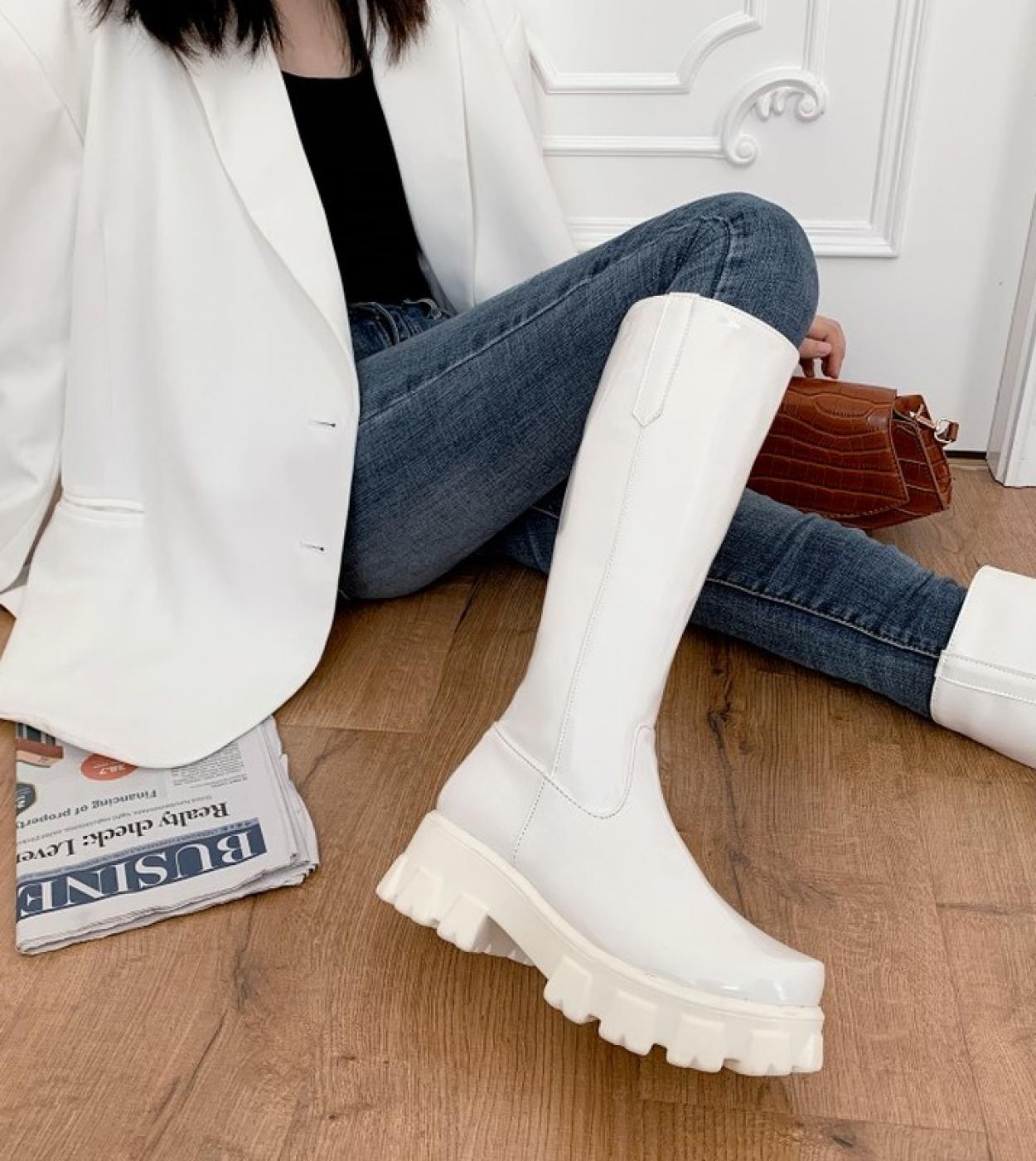 Bright Leather High Waterproof Platform Inner Heightened Round Toe Over The Knee Length Boots Patent Leather Flat Heel P