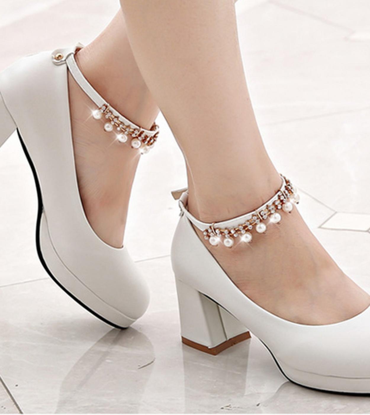 White Women Wedding Shoes Crystal Preal Ankle Strap Bridal Shoes Woman Dress Shoes Seay Pumps Sweet Party Shoes