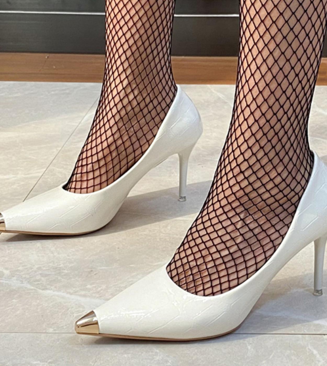   Style  And Thin Shallow Mouth Pointed High Heel Metal Stone Pattern Retro Womens Single Shoes High Heels