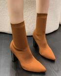 New Beige 7cm Metal Blade Heels Stretch Fabric Ankle Socks Boots Women Elastic Stilettos Heel Pointed Toe Shoes 2022