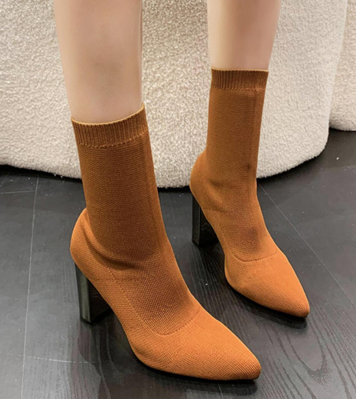 New Beige 7cm Metal Blade Heels Stretch Fabric Ankle Socks Boots Women Elastic Stilettos Heel Pointed Toe Shoes 2022