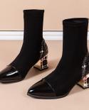 2022 Slim Short Boots Woman Mid Calf Boot Elastic Fabric Rhinestone Square Heel Womens Winter Shoes Black Female Footwa