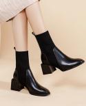 2022 Slim Short Boots Woman Mid Calf Boot Elastic Fabric Rhinestone Square Heel Womens Winter Shoes Black Female Footwa