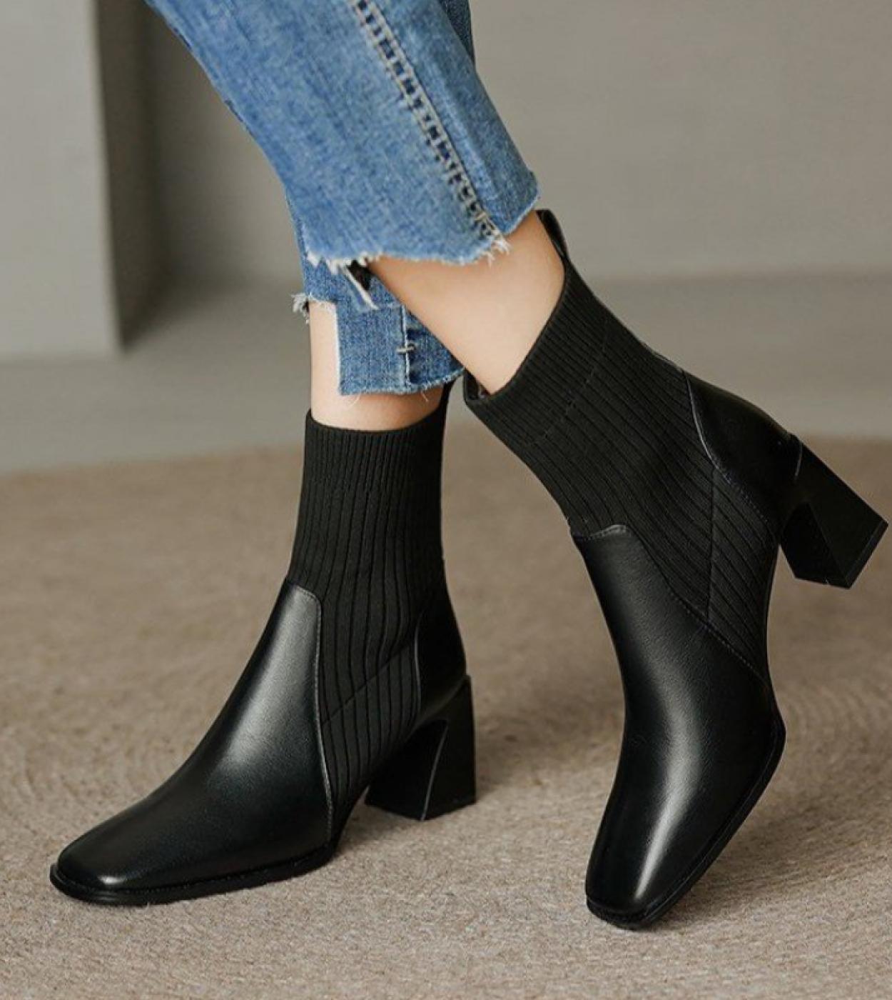 2022 Autumn Winter Women Boots Knit Elastic Socks Boots Square Toe Chunky Heel Boots Fashion Ankle Chelsea Boots  Women
