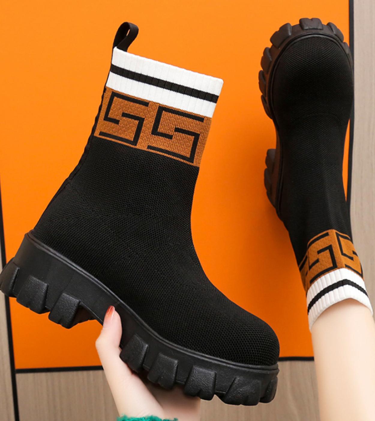 2022 Autumn Winter New Couple Socks Shoes Women Thick Soled Casual Large Size Net Black Knitted Short Boots Women Botas 