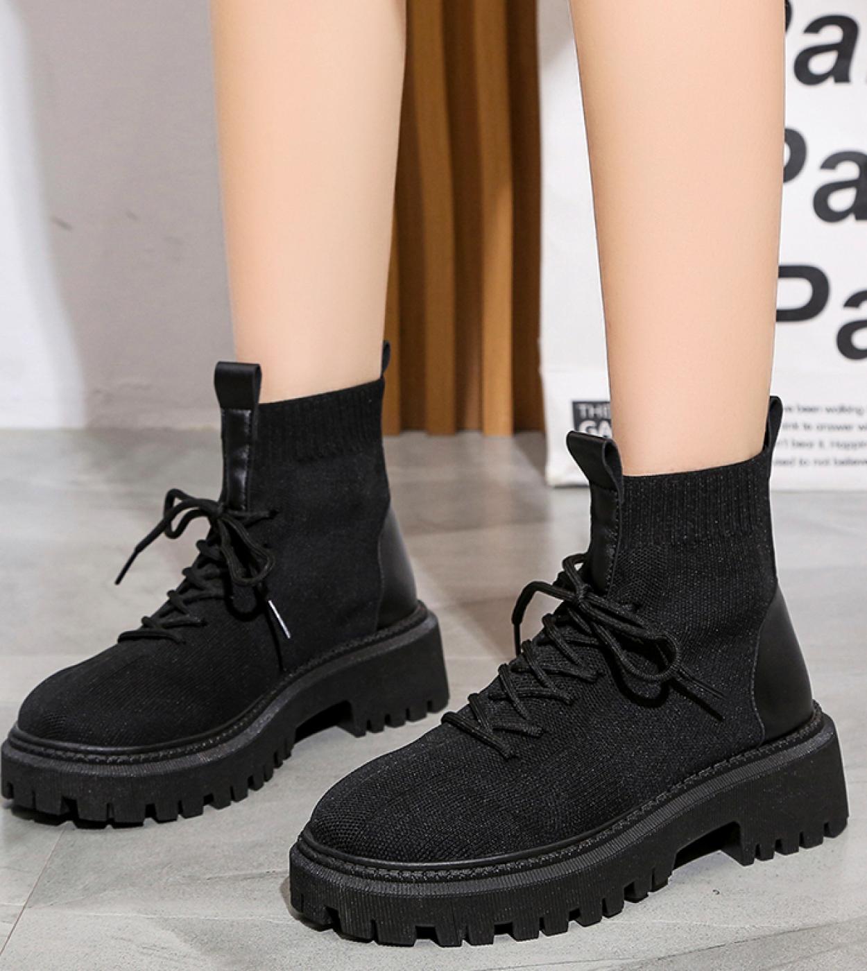 2022 Knitted Fabric Ankle Boots Women Winter Autumn Platform Booties Chunky Elastic Boots Warm Plush Shoes Casual Short 