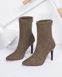 Hot Mid Barrel Boots Elastic Boots Pointed Toe Thin Heels For Women Mujer Black Ankle Stretch Fabric Winter High Heel Bo
