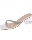Fashion Lady Rhinestone Pvc Transparent Pumps Shoes Women  Square Toe Party Wedding Shoe Sheels Sandals Summer Causal Sh