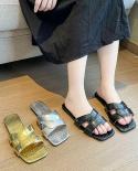 Za 2022 Womens Summer Gold Kbot Flat Sandal  Thin Straps Luxury Slippers Square Toe Flip Flops Casual Beach Flats