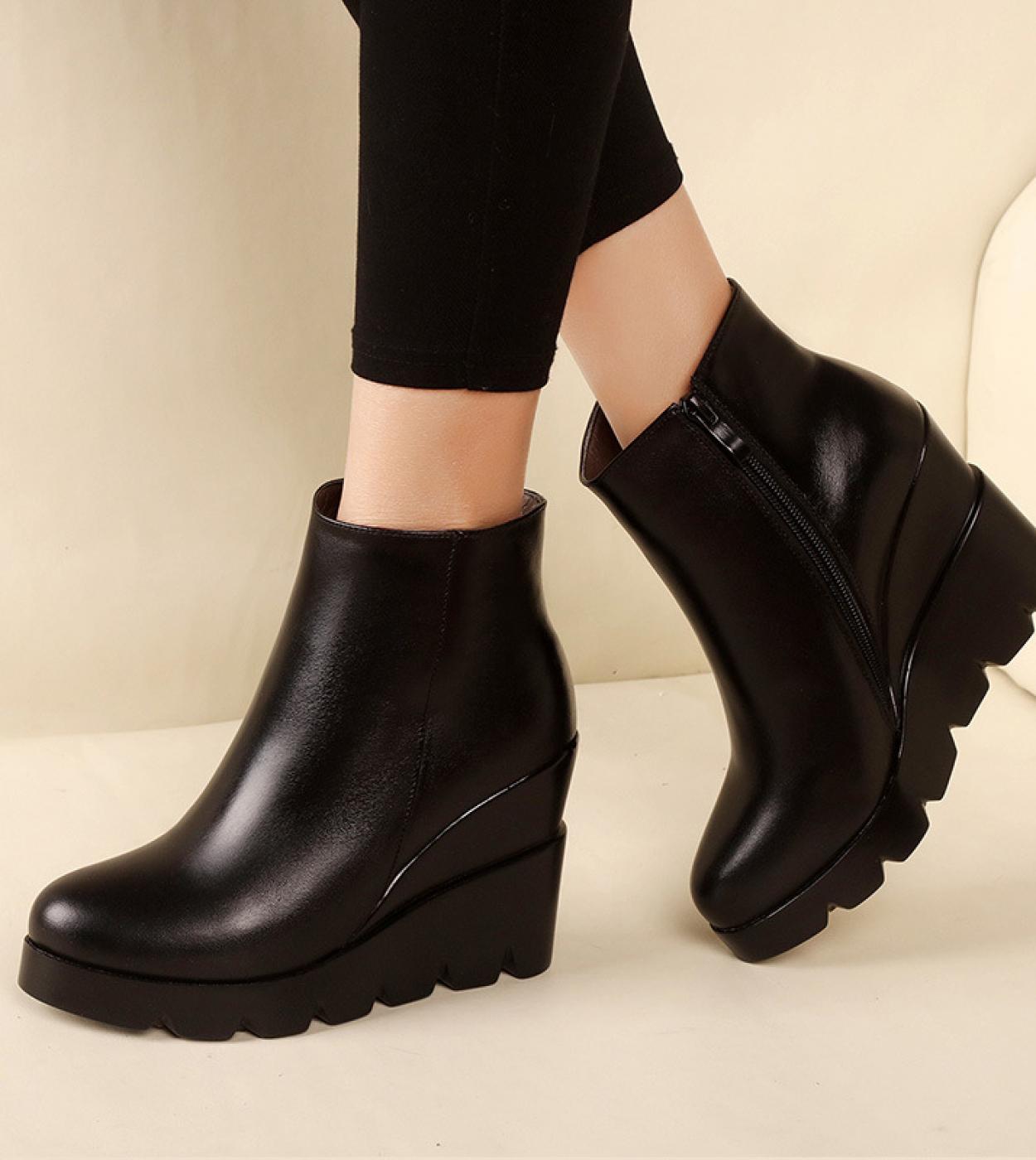 2022 Autumn Winter Soft Leather Platform High Heels Girl Wedges Ankle Boots Shoes For Woman Fashion Boots Women Size 34 