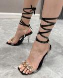 Women Pumps Fashion High Heels Sandals Rhinestone Metal Chain Thin Heels Slides Female Square Toe Cross Tied Shoes Ladie