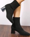 Women Elastic Knitted Socks Boots Woman Slip On Stretch Fabric Ankle Boots Autumn Fashion Square Toe Thick High Heels