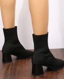 Women Elastic Knitted Socks Boots Woman Slip On Stretch Fabric Ankle Boots Autumn Fashion Square Toe Thick High Heels