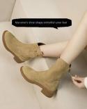 2022 Spring And Autumn Retro Style Nubuck Leather Short Barrel Western Cowboy Boots Womens Flat Thick Heel Boots