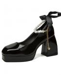 New Ladies High Heels Elegant Bow Square Toe Black High Heels Fashion Thick Heel Wedding Party Pearl Lace Wedding Shoe