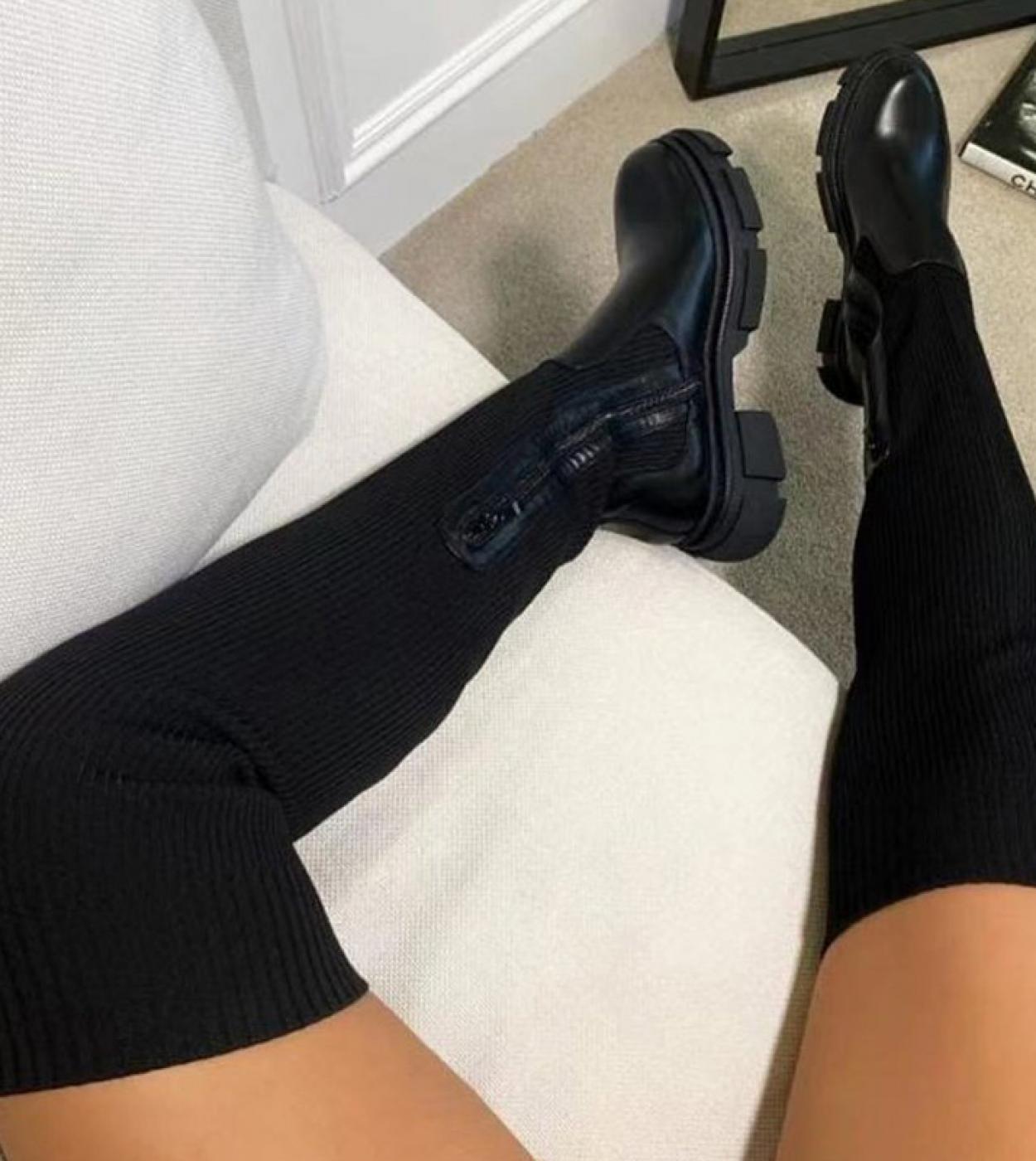 Womens Over The Knee Boots  Knitted Autumn Fashion Female Platform Boot Splicing Ladies Sock Shoes Woman Long Boots  Wo