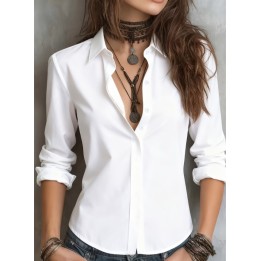 Womens Long Sleeve Lapel Hidden Placket Solid Color Professional Office Shirt