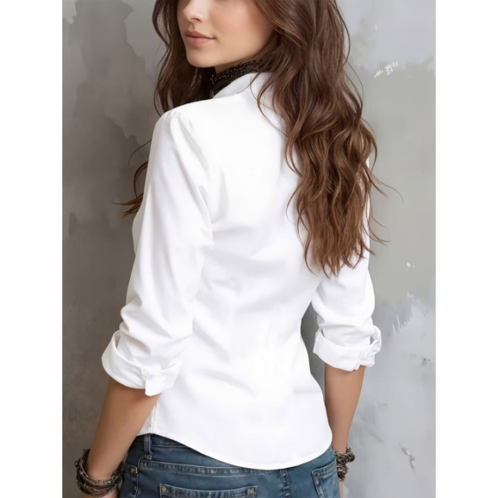 Womens Long Sleeve Lapel Hidden Placket Solid Color Professional Office Shirt