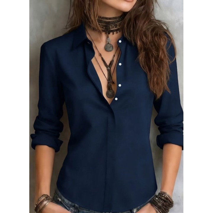 Womens Long Sleeve Lapel Hidden Placket Solid Color Professional Office Shirt