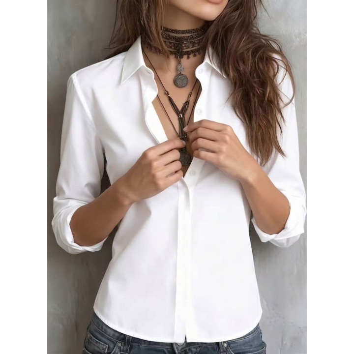 Womens Long Sleeve Lapel Hidden Placket Solid Color Professional Office Shirt