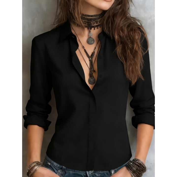 Womens Long Sleeve Lapel Hidden Placket Solid Color Professional Office Shirt