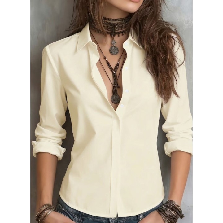 Womens Long Sleeve Lapel Hidden Placket Solid Color Professional Office Shirt