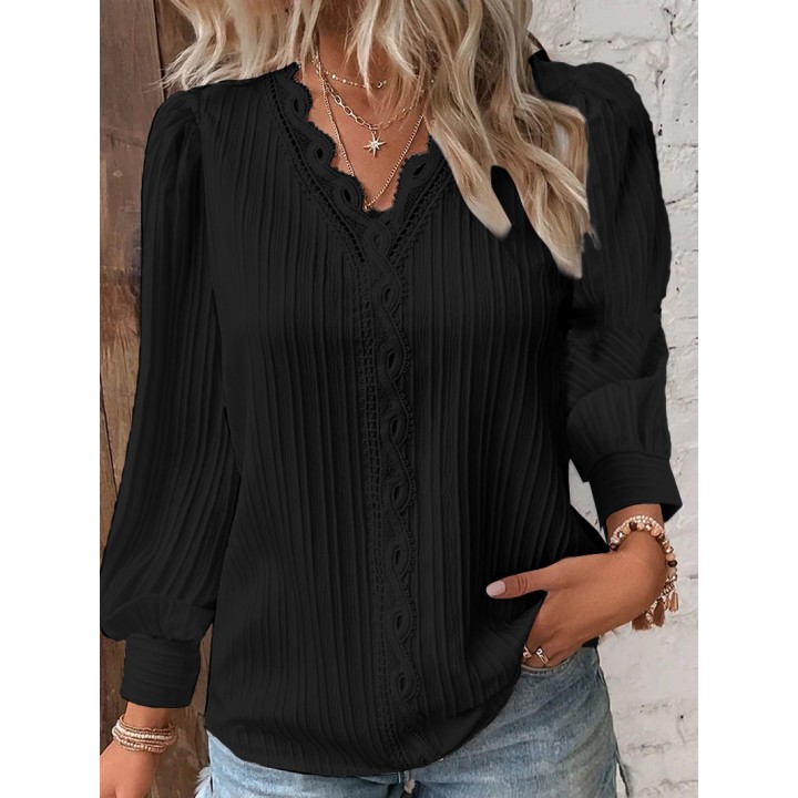 Elegant Summer Hollow Lace Patchwork Women Shirt Chic Blouse V Neck Long Sleeve Shirt