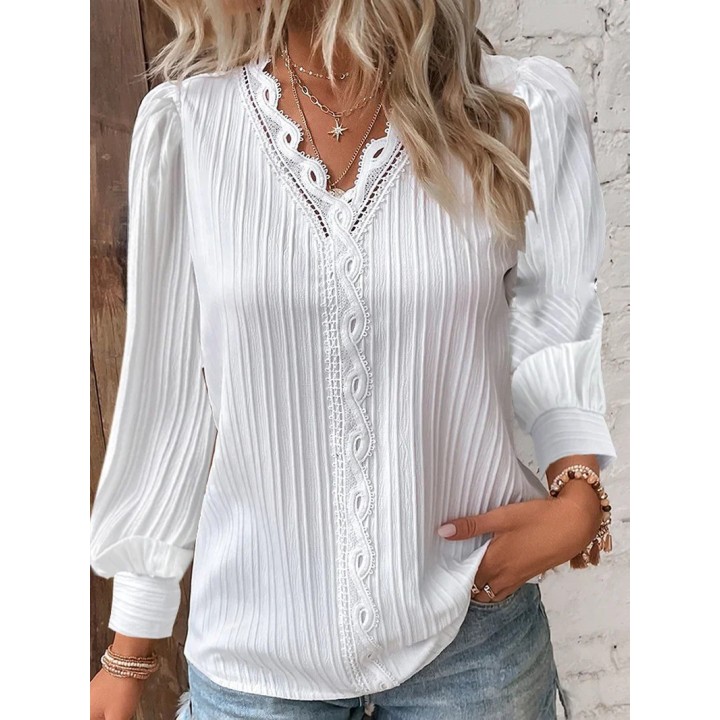 Elegant Summer Hollow Lace Patchwork Women Shirt Chic Blouse V Neck Long Sleeve Shirt