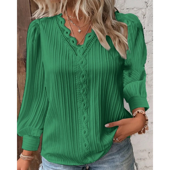 Elegant Summer Hollow Lace Patchwork Women Shirt Chic Blouse V Neck Long Sleeve Shirt
