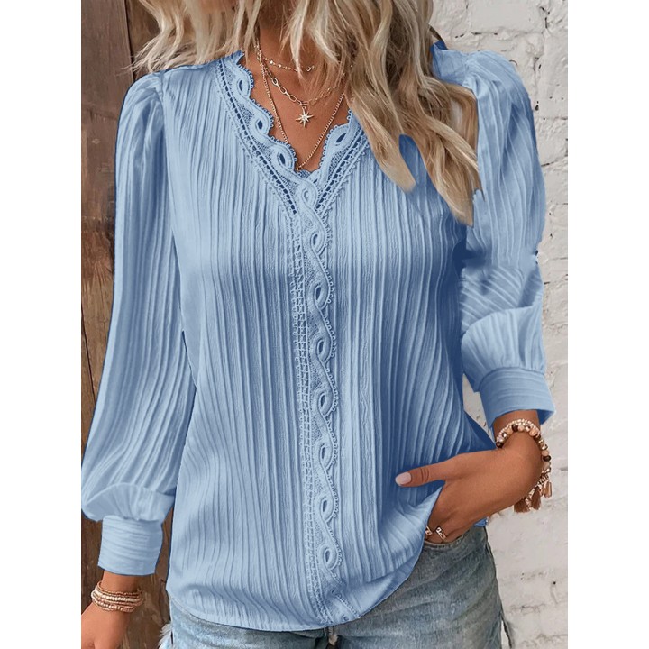 Elegant Summer Hollow Lace Patchwork Women Shirt Chic Blouse V Neck Long Sleeve Shirt