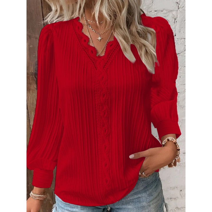 Elegant Summer Hollow Lace Patchwork Women Shirt Chic Blouse V Neck Long Sleeve Shirt