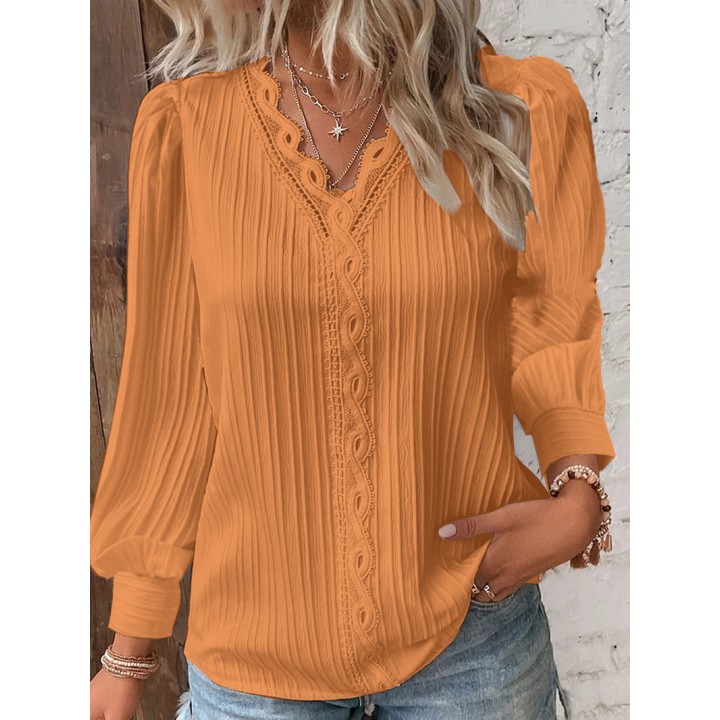 Elegant Summer Hollow Lace Patchwork Women Shirt Chic Blouse V Neck Long Sleeve Shirt