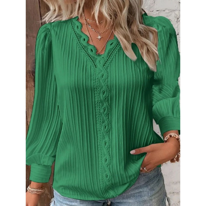 Elegant Summer Hollow Lace Patchwork Women Shirt Chic Blouse V Neck Long Sleeve Shirt