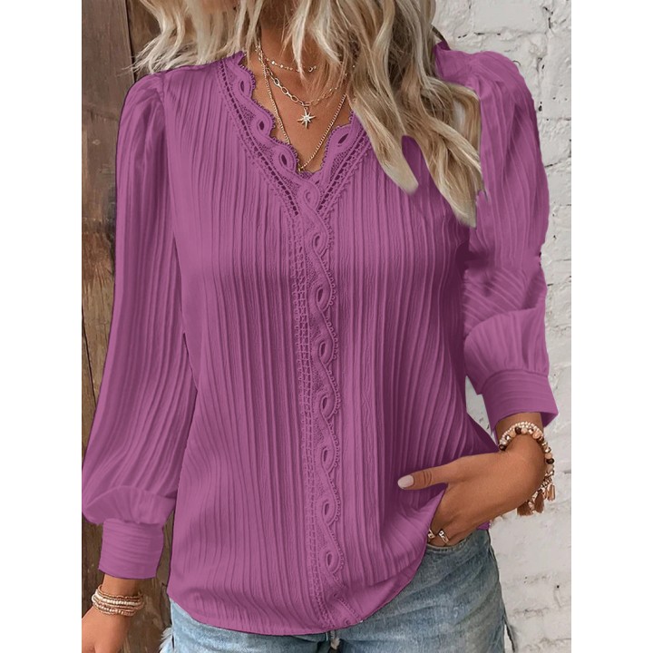 Elegant Summer Hollow Lace Patchwork Women Shirt Chic Blouse V Neck Long Sleeve Shirt