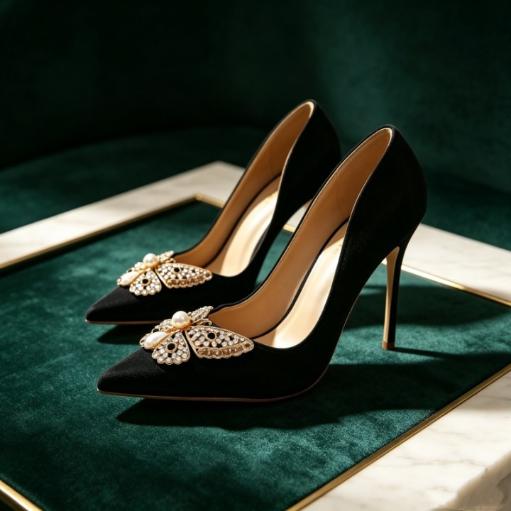 12cm Stiletto Heel Women Shoes Pointy Toe Shallow Mouth Pumps Rhinestone Butterfly Or
