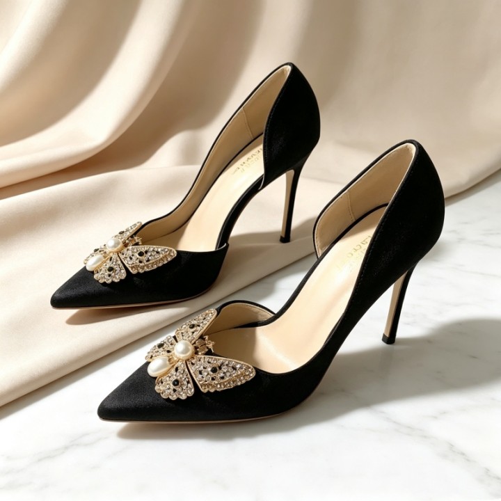 12cm Stiletto Heel Women Shoes Pointy Toe Shallow Mouth Pumps Rhinestone Butterfly Or