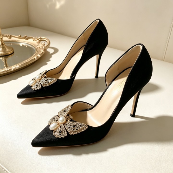 12cm Stiletto Heel Women Shoes Pointy Toe Shallow Mouth Pumps Rhinestone Butterfly Or