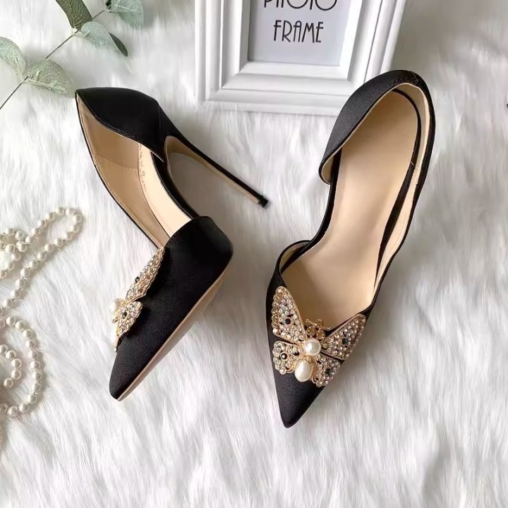 12cm Stiletto Heel Women Shoes Pointy Toe Shallow Mouth Pumps Rhinestone Butterfly Or